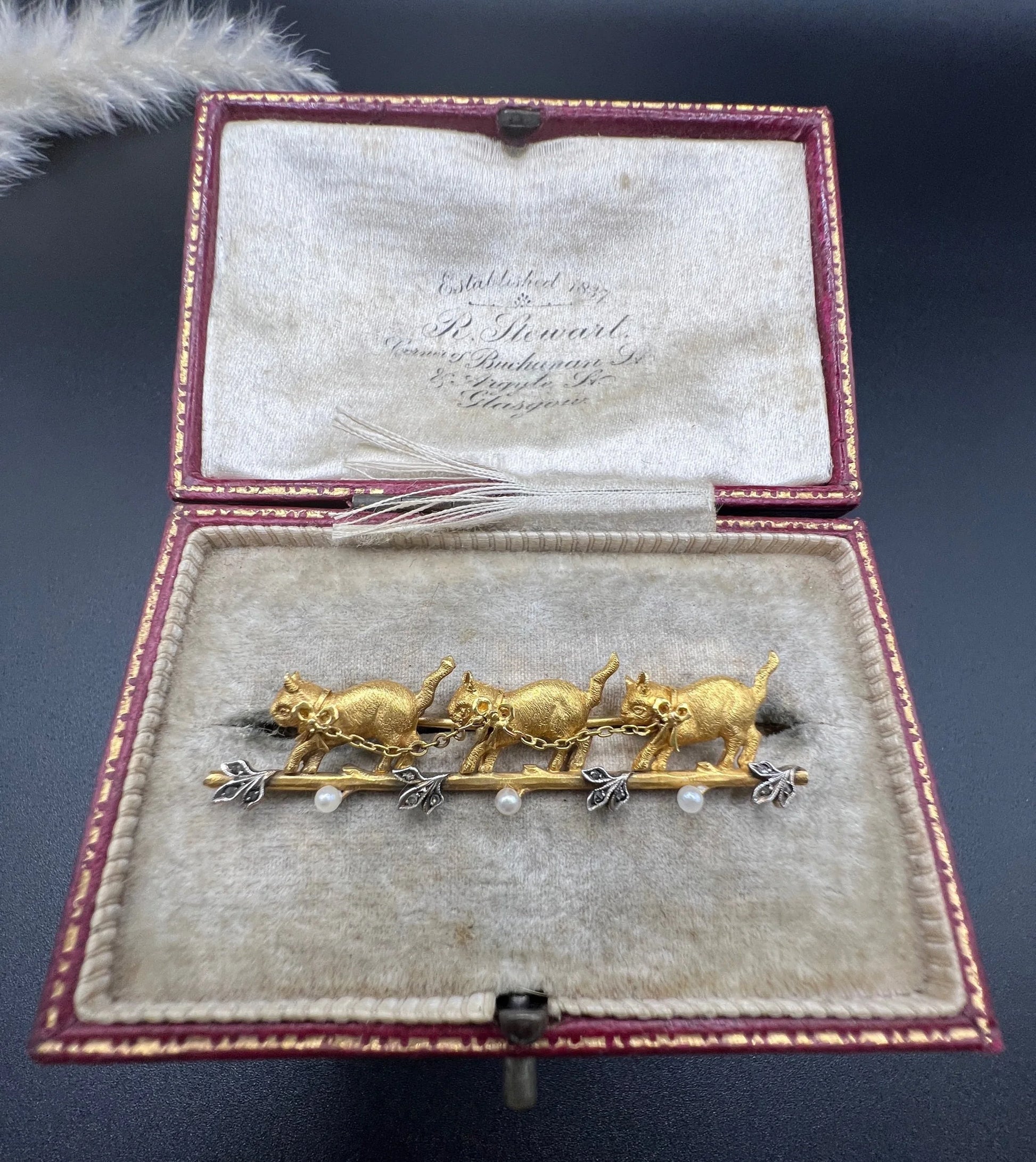 Antique 18 Carat Yellow Gold Diamond and Seed Pearl Cat Brooch, Circa 1910