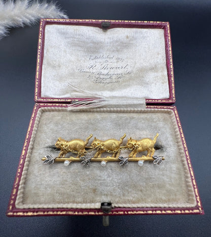 Antique 18 Carat Yellow Gold Diamond and Seed Pearl Cat Brooch, Circa 1910