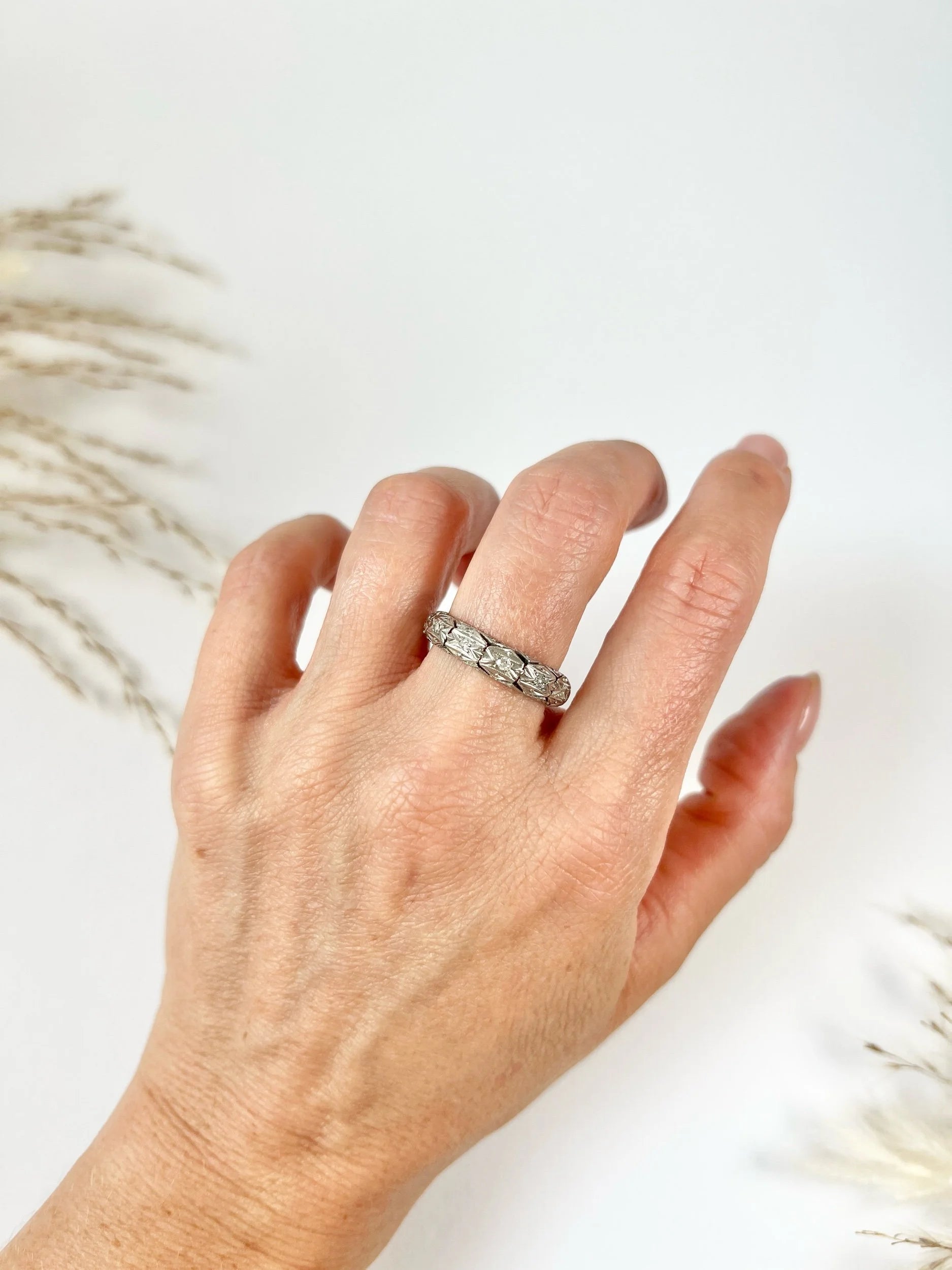 Art Deco Platinum Diamond Set Fancy Filigree Band Ring, Circa 1920