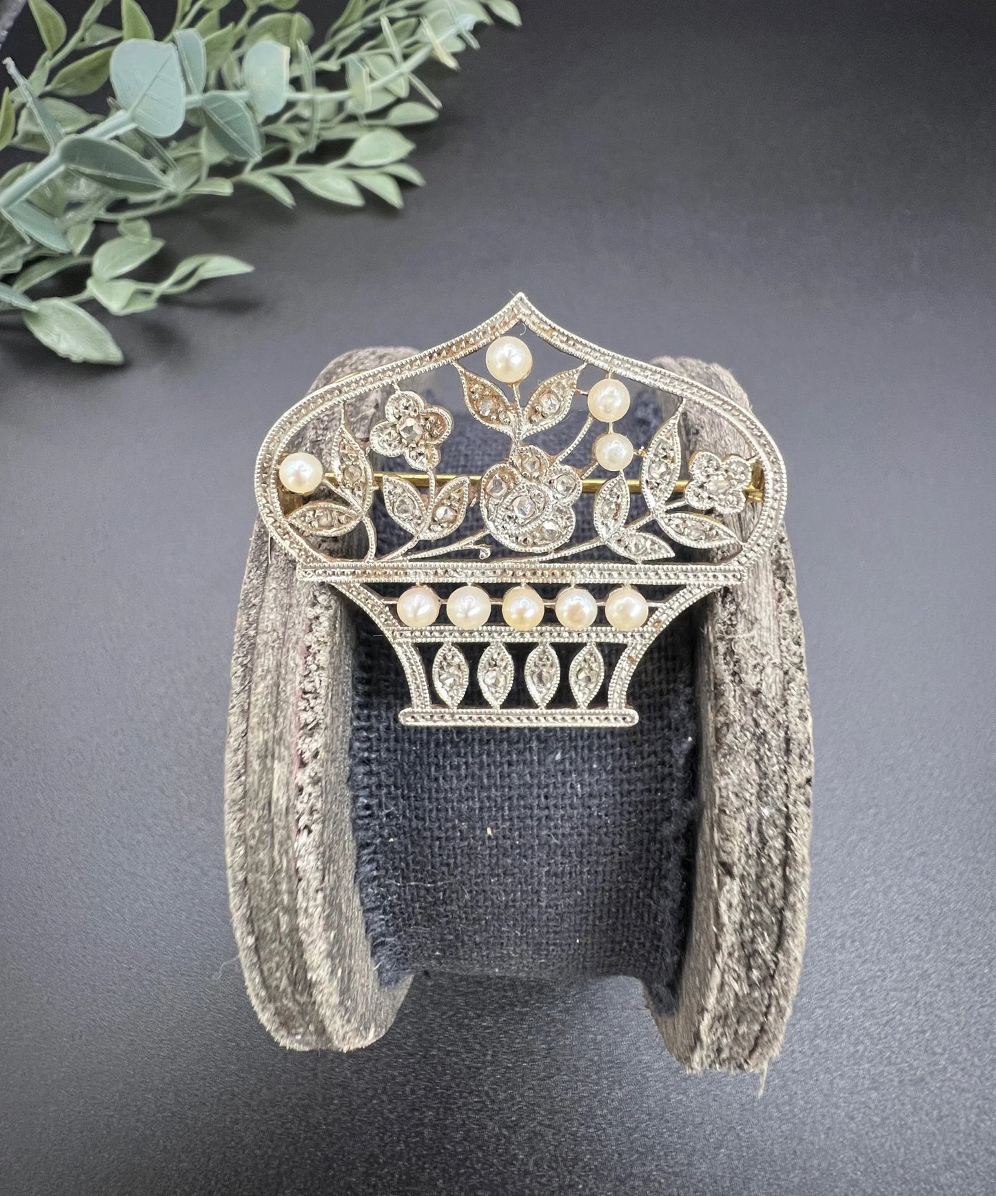 Belle Epoque 18 Carat Gold, Platinum, Diamond and Pearl Flower Basket Brooch/Pendant