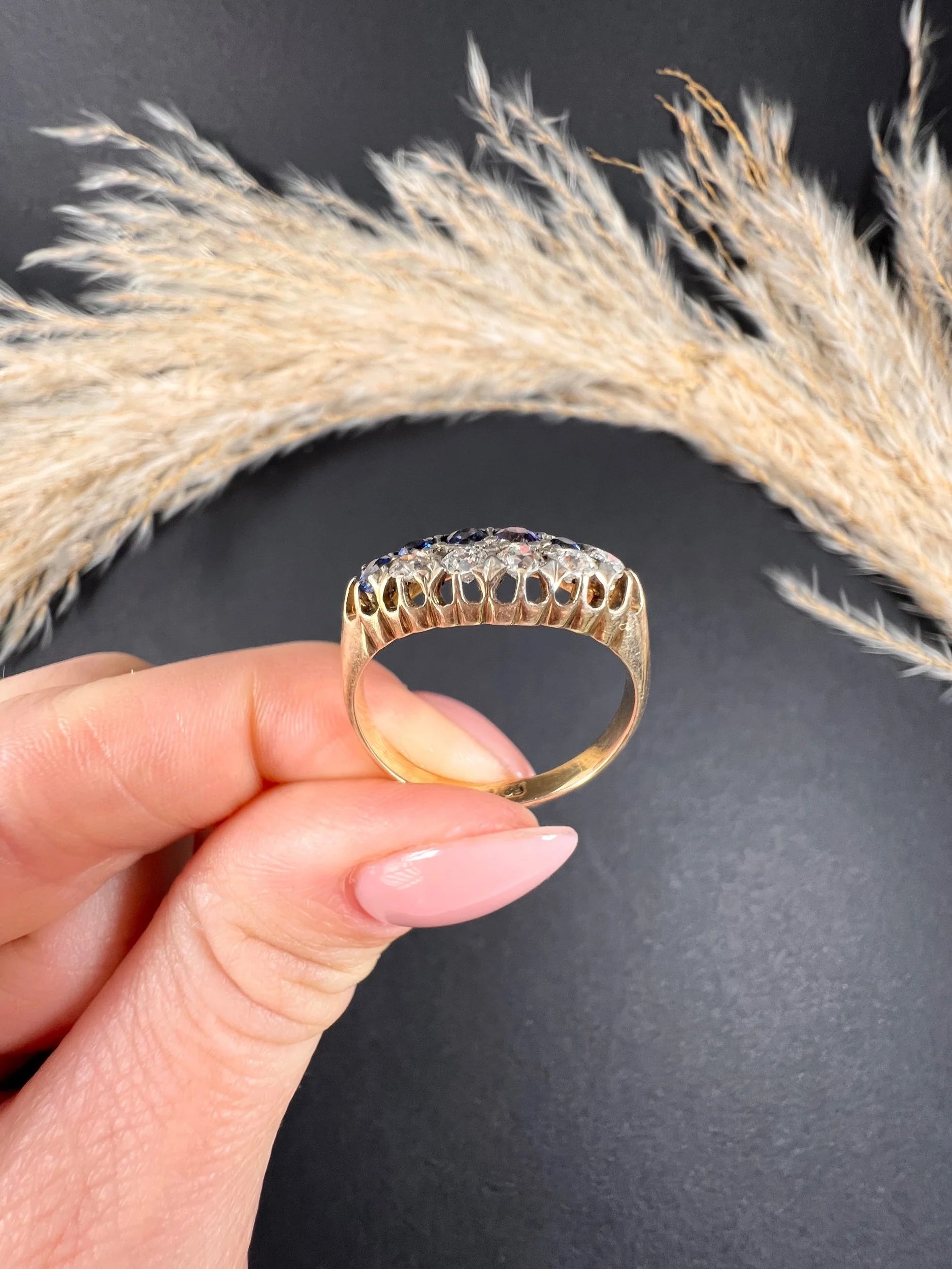 Victorian 18 Carat Gold Sapphire and Diamond Boat Shaped Ring, Circa 1880