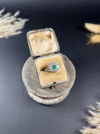 Vintage 18ct White Gold, 1940s Emerald Diamond Round Cluster Engagement Ring