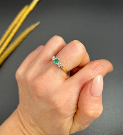 Vintage 18 ct Yellow Gold And Platinum 1950's 3 Stone Emerald And Diamond Trilogy Engagement Ring