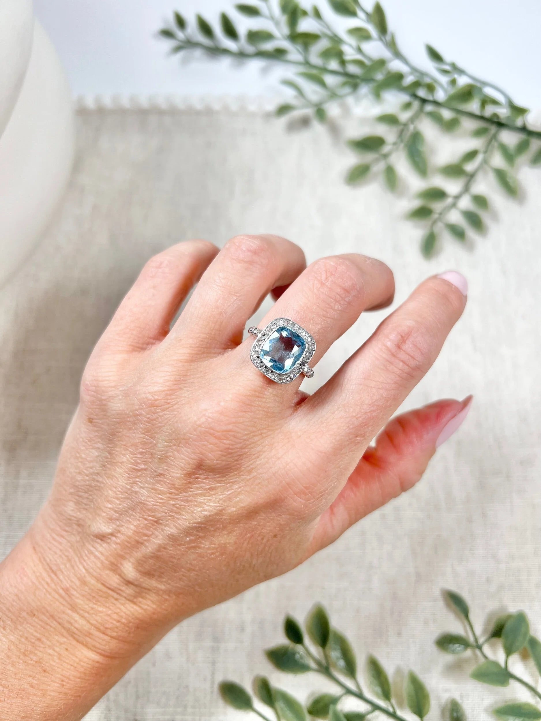 Vintage Platinum 1940s Aquamarine & Diamond Halo Cluster Dress Ring