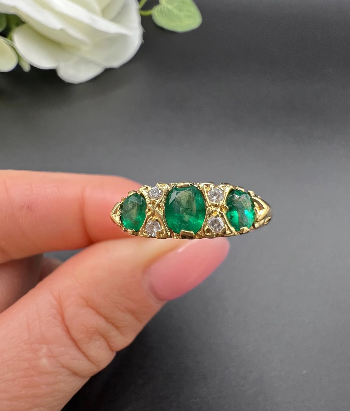 Vintage 18ct Yellow Gold, 1960s Victorian Style Emerald and Diamond Carved Ring