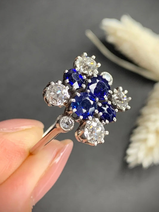 Vintage 1940s Sapphire and Diamond Cluster Ring