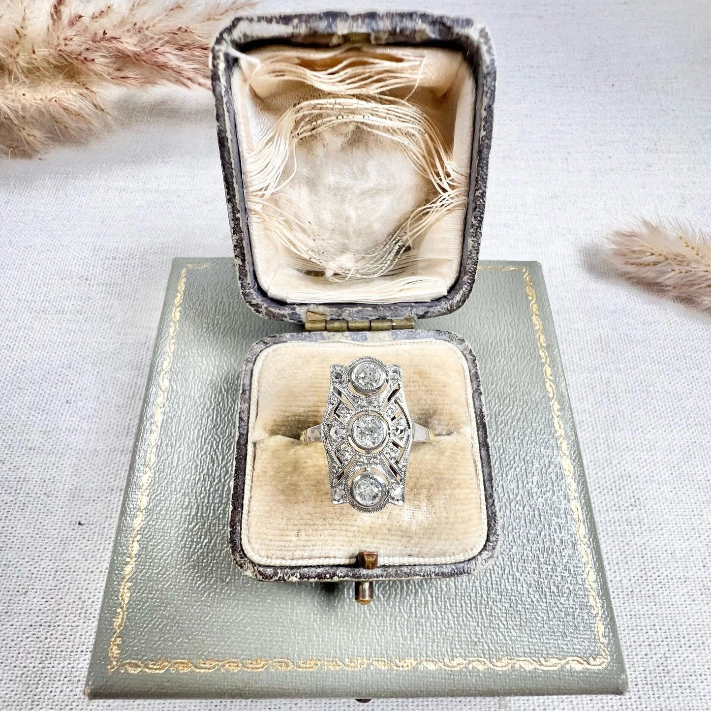 Edwardian Antique Old Cut Diamond Trilogy Cluster Plaque Ring in Platinum and 18ct Gold