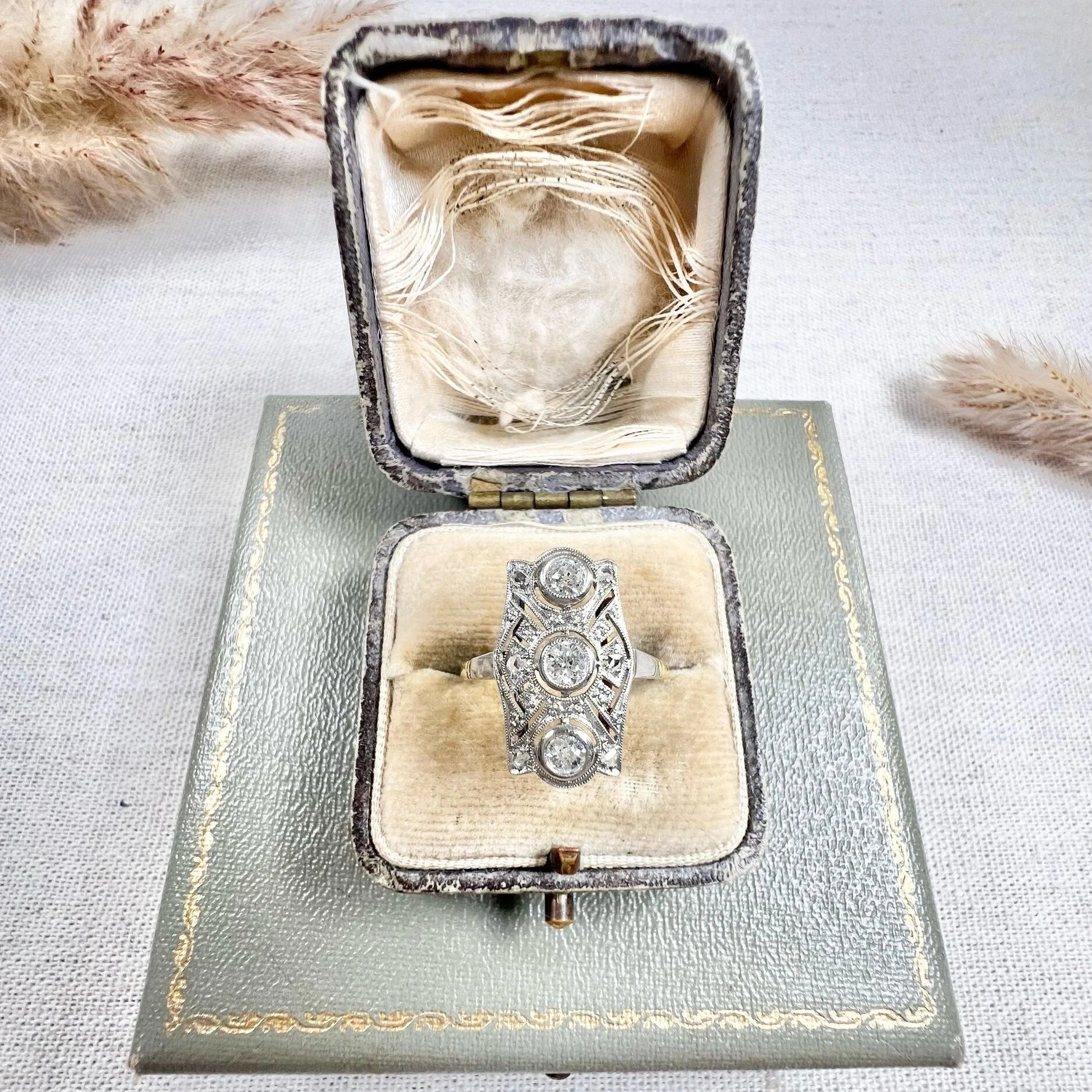 Edwardian Antique Old Cut Diamond Trilogy Cluster Plaque Ring in Platinum and 18ct Gold