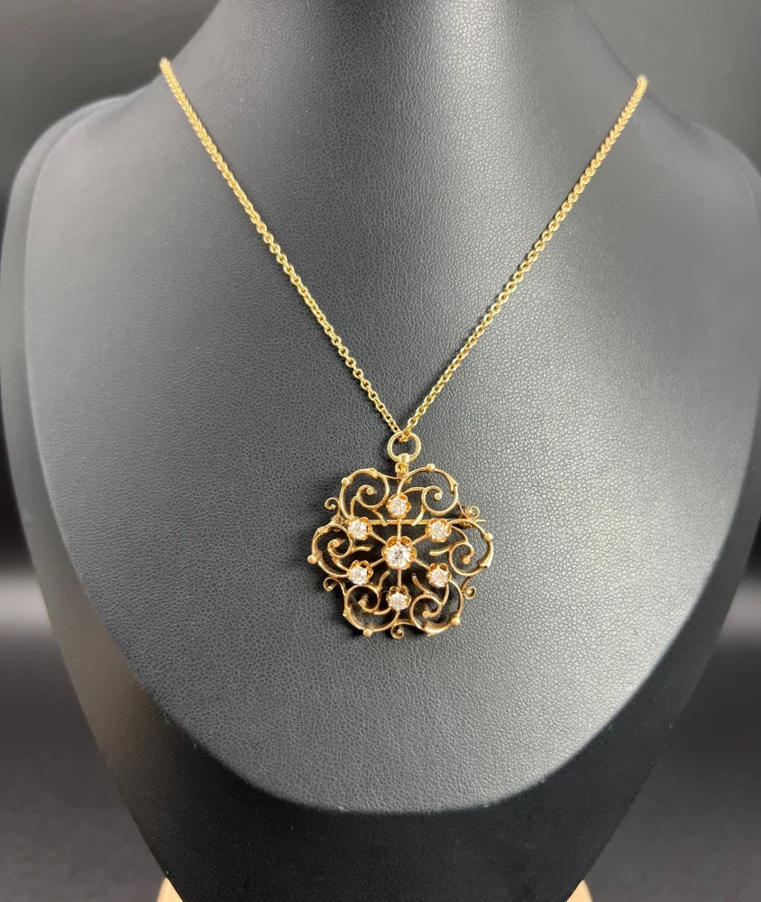 Antique Edwardian Diamond Snowflake Brooch/Pendant In 18 Carat Yellow Gold