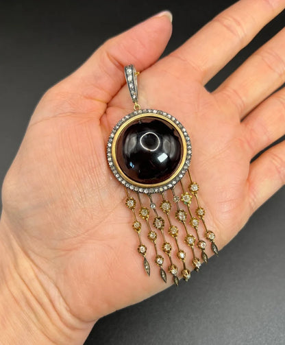 Victorian Antique Cabochon Garnet and Diamond Fringe Tassel Pendant