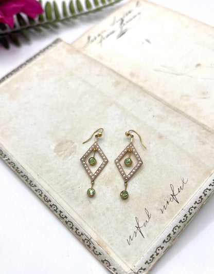 Edwardian 9 Carat Gold Peridot and Seed Pearl Drop Earrings, Circa 1910