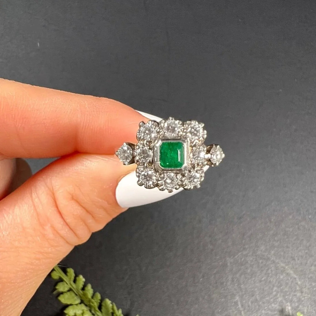 Vintage 18 Carat White Gold Emerald and Diamond Square Cluster Ring, Circa 1940