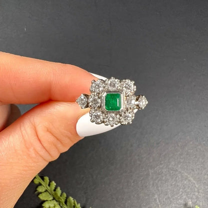 Vintage 18 Carat White Gold Emerald and Diamond Square Cluster Ring, Circa 1940
