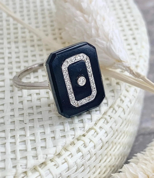 Art Deco Onyx and diamond tablet dress ring old cuts 1920 
