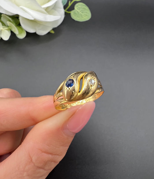 Antique 18ct Yellow Gold, Victorian Sapphire & Diamond Double-Headed Snake Ring