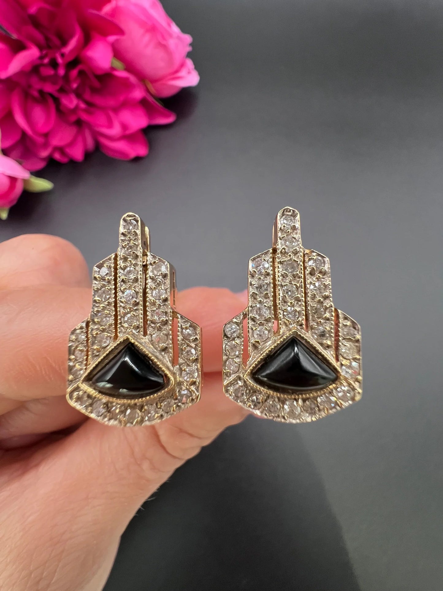 Vintage 14 ct Gold, Italian 1940's Art Deco Design, Diamond And Onyx Earrings