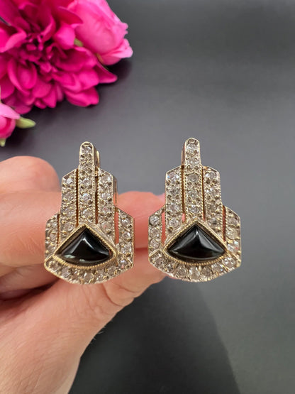 Vintage 14 ct Gold, Italian 1940's Art Deco Design, Diamond And Onyx Earrings