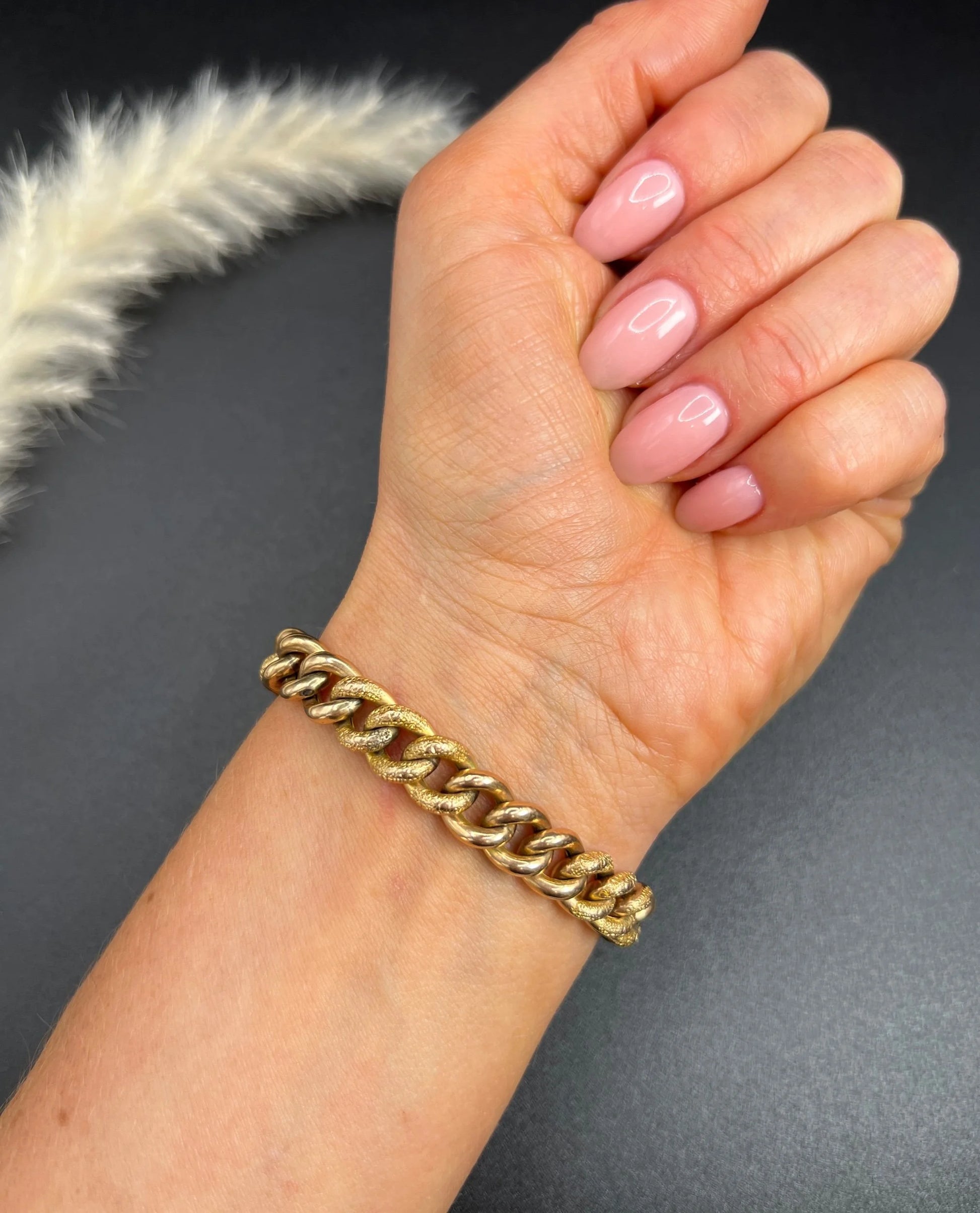 Antique 9 Carat Rose Gold Night and Day Floral Curb Bracelet with Heart Padlock