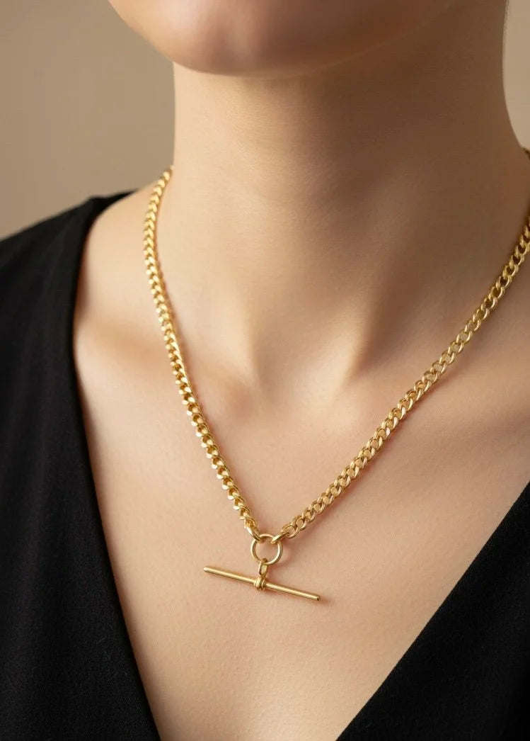 Antique 18 Carat Yellow Gold Albert Chain Necklace: Edwardian Curb Link