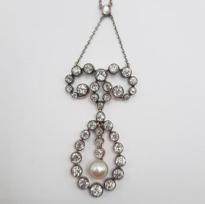Antique 7ct Old Cut Diamond and Natural Pearl Pendant Necklace