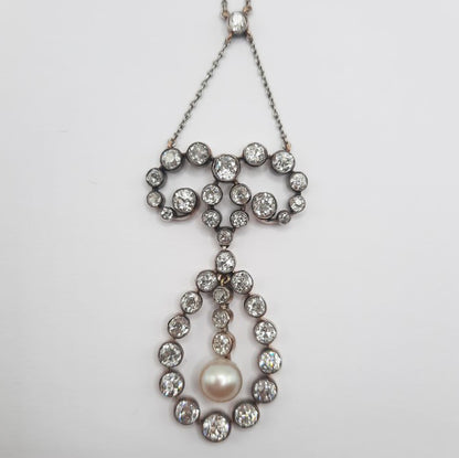 Antique 7ct Old Cut Diamond and Natural Pearl Pendant Necklace