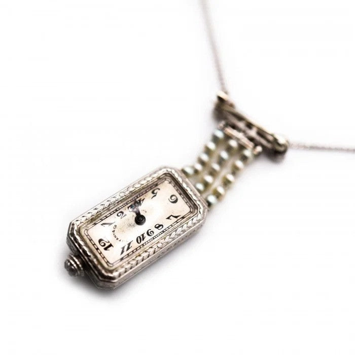 Tiffany and Co Art Deco Diamond Pearl Platinum Watch Pendant