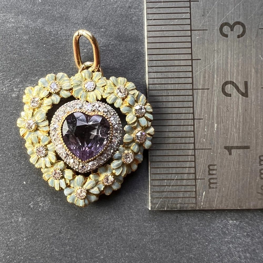 Morganite Heart Enamel and Diamond Flower Cluster Pendant