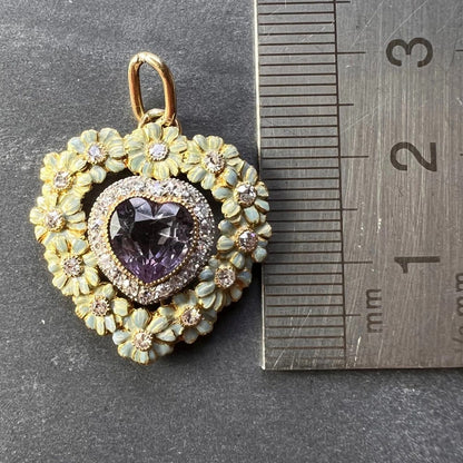 Morganite Heart Enamel and Diamond Flower Cluster Pendant