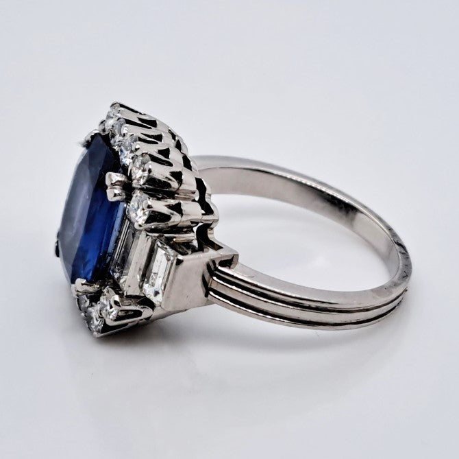 Vintage 3ct Natural Ceylon Sapphire and Diamond Cluster Engagement Ring in Platinum Circa 1940