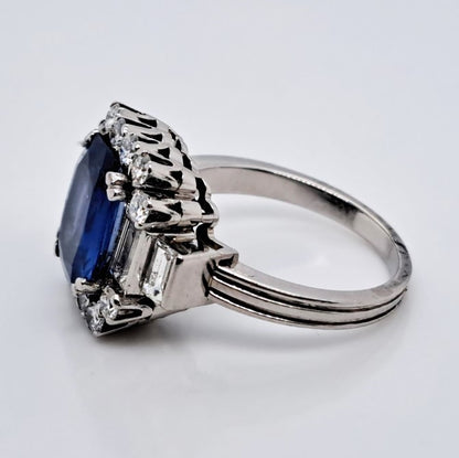 Vintage 3ct Natural Ceylon Sapphire and Diamond Cluster Engagement Ring in Platinum Circa 1940
