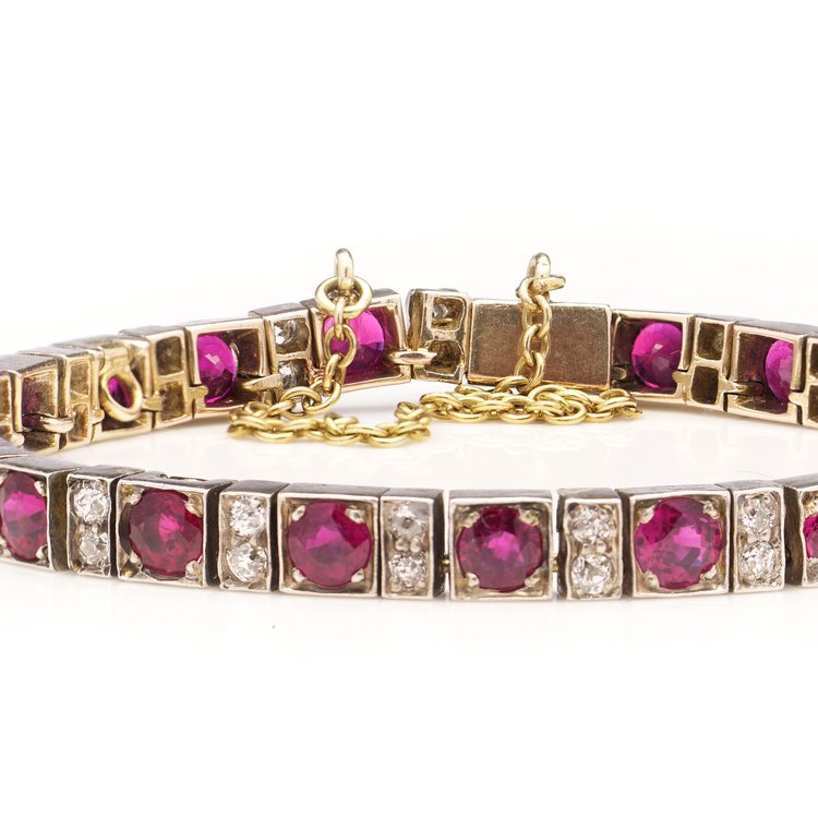Late Art Deco 7.70ct Burma Ruby and Diamond Line Bracelet