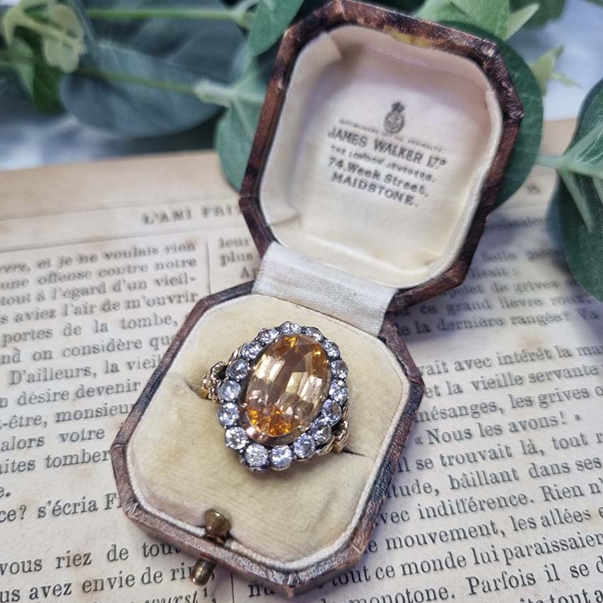 Antique 6.73ct Imperial Topaz and 1.60ct Old Cut Diamond Cluster Ring