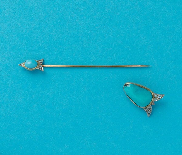 Art Deco Gold Arrow Jabot Pin with Turquoise and Diamonds