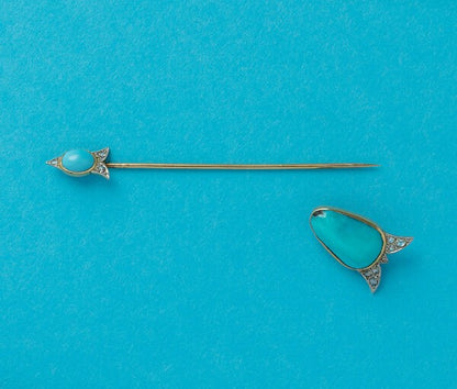 Art Deco Gold Arrow Jabot Pin with Turquoise and Diamonds