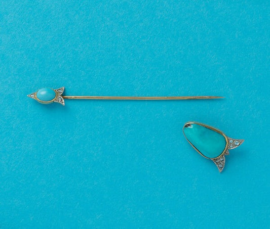 Art Deco Gold Arrow Jabot Pin with Turquoise and Diamonds