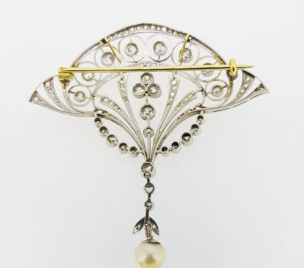 Art Nouveau Natural Pearl and Diamond Brooch, Platinum and Gold