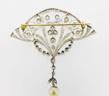 Art Nouveau Natural Pearl and Diamond Brooch, Platinum and Gold