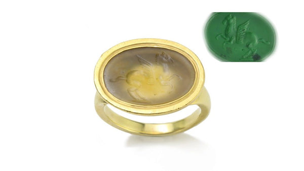 Ancient Roman Agate Intaglio of Pegasus in Vintage Gold Ring, Circa 200 BC Ancient Roman agate intaglio of Pegasus in vintage 1980s 18ct yellow gold ring