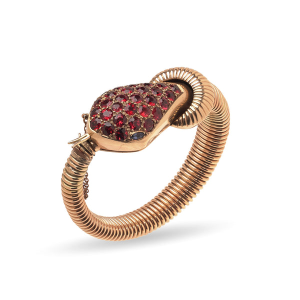 Vintage 9KT Gold Garnet-Set Snake Bracelet Watch, Circa 1950s
