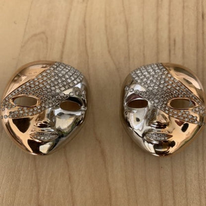 A Pair of Vintage Diamond Set 18ct Gold Mask Brooches