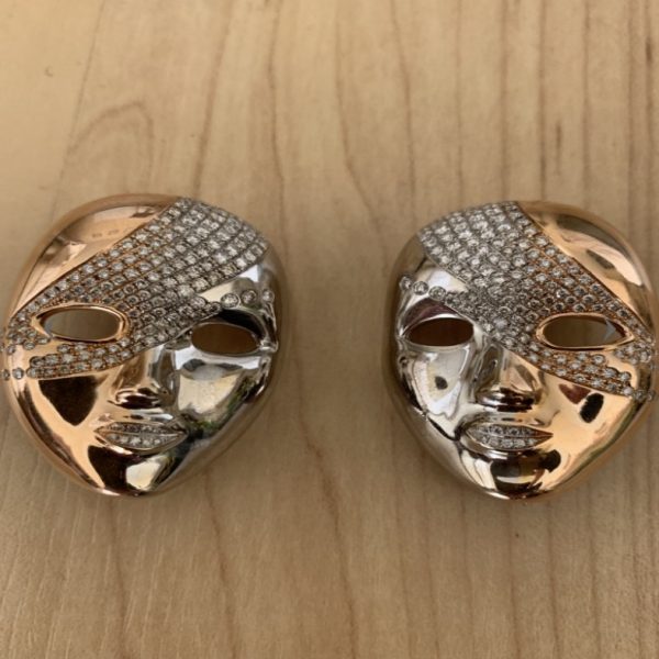 A Pair of Vintage Diamond Set 18ct Gold Mask Brooches