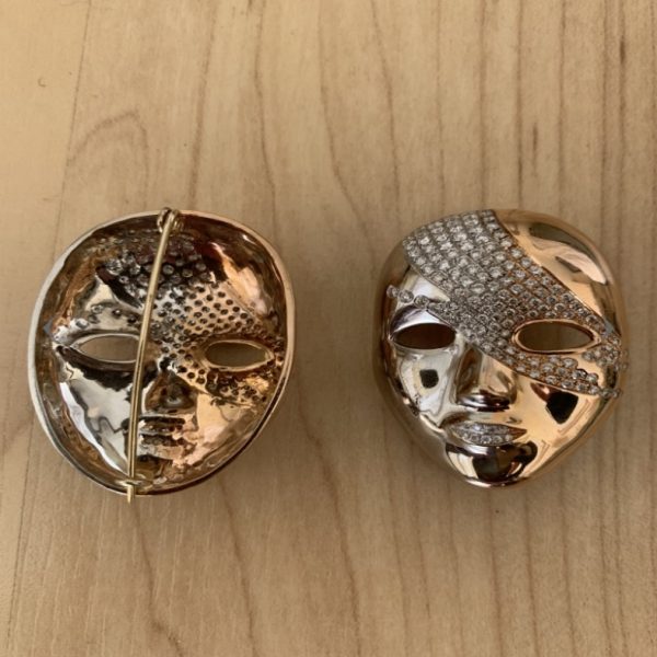 A Pair of Vintage Diamond Set 18ct Gold Mask Brooches