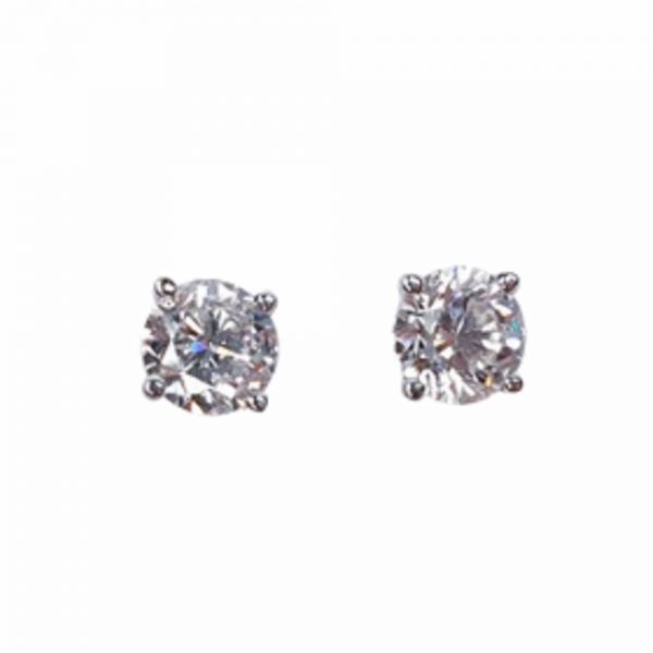 A pair of single stone diamond stud earrings, each set with a round brilliant cut diamond in a four claw setting mounted in 18ct white gold