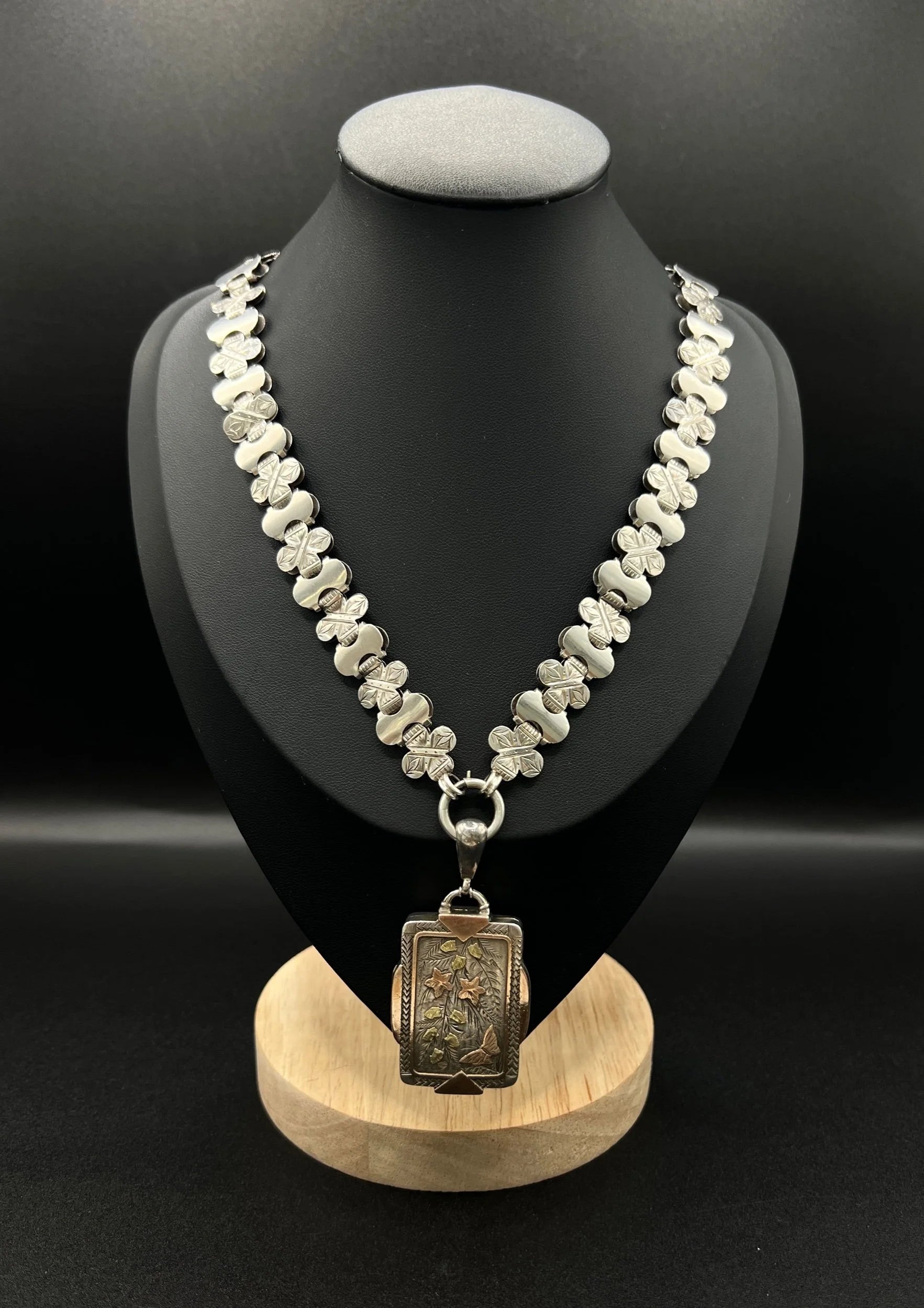 Victorian Sterling Silver Book Chain Necklace with Silver and Gold Inlaid Butterfly Locket