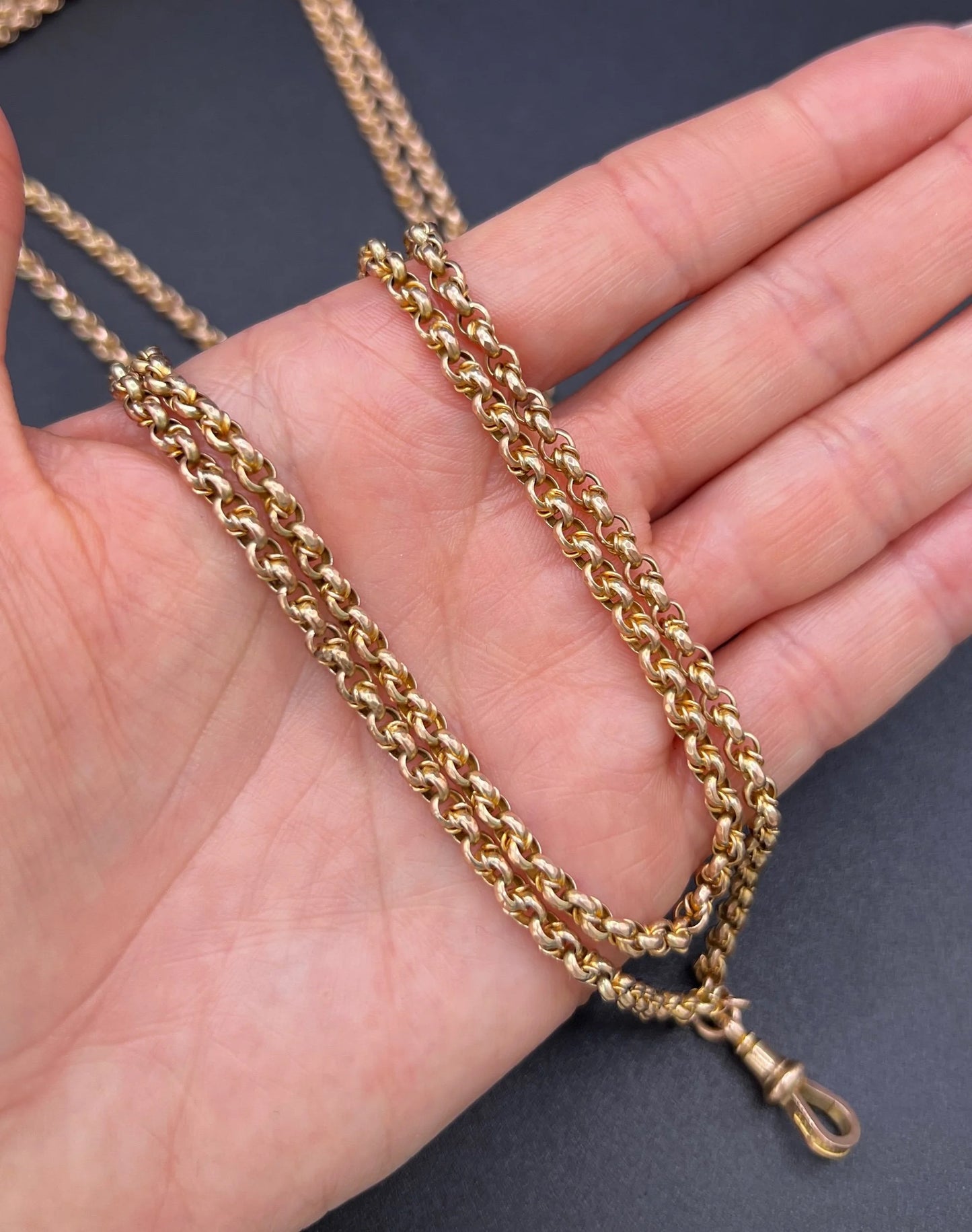 Antique 9 ct Gold Belcher Chain: Edwardian Fancy Belcher Link Long Guard Necklace