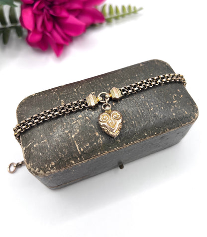 Antique 9 ct Gold, Victorian Belcher Link Heart And T-bar Albertina Bracelet