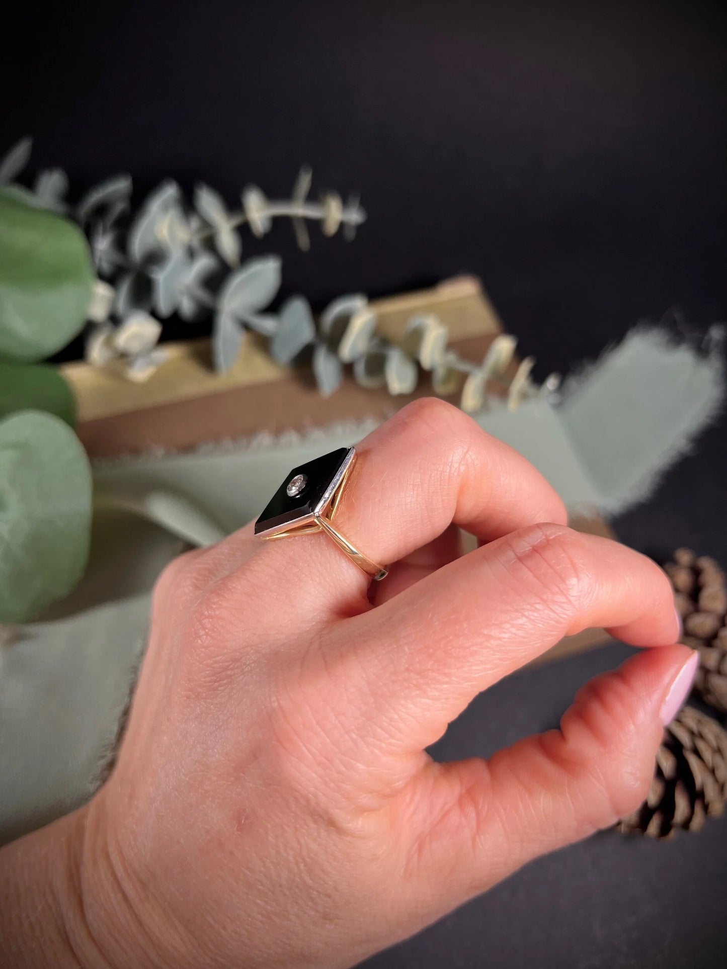 Antique 18 ct Yellow Gold, 1920's Art Deco Onyx And Diamond Ring