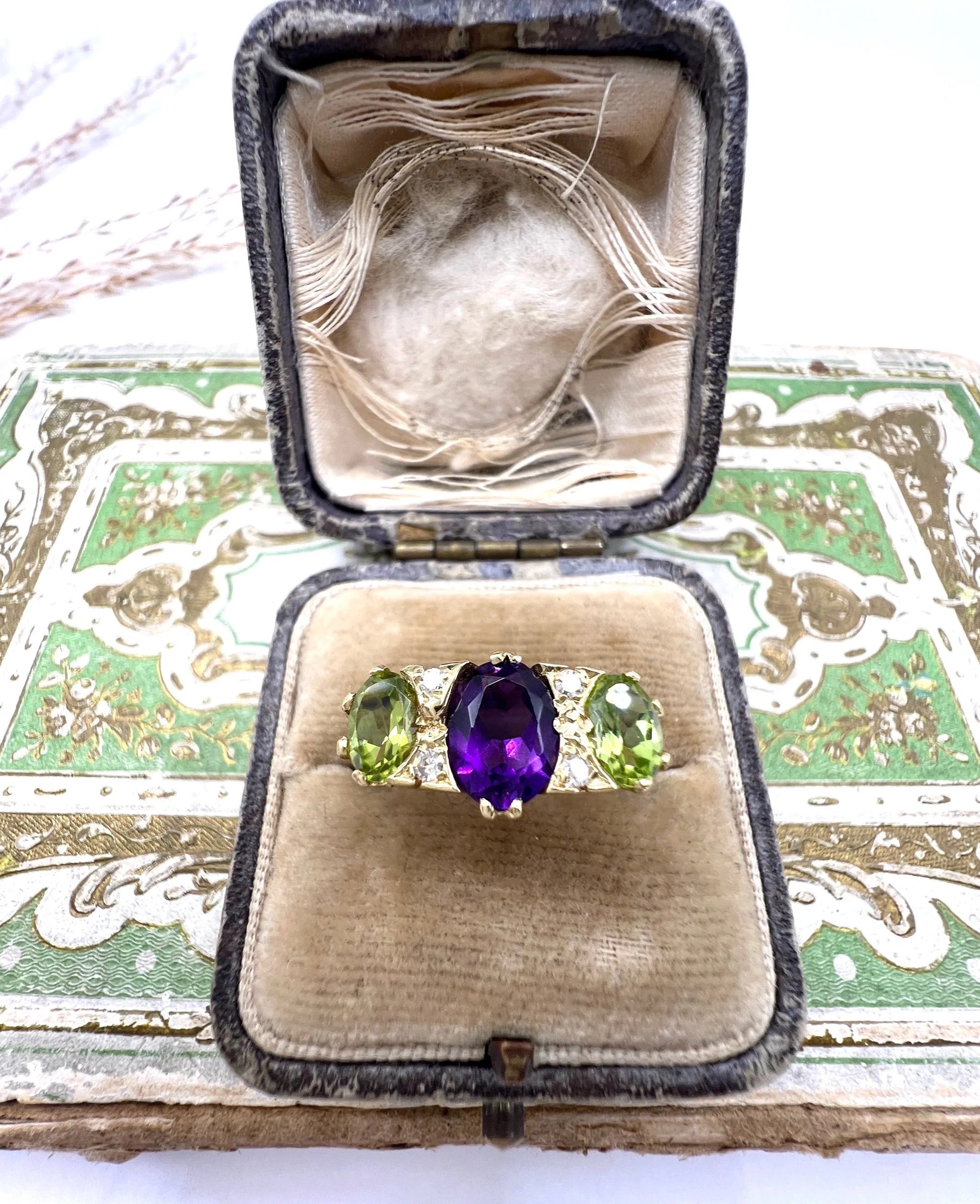 Antique 18 Carat Yellow Gold Edwardian Amethyst, Diamond and Peridot Suffragette Ring