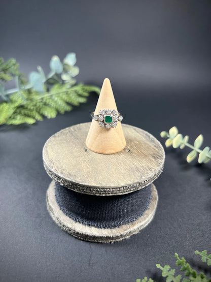 Vintage 18 Carat White Gold Emerald and Diamond Square Cluster Ring, Circa 1940