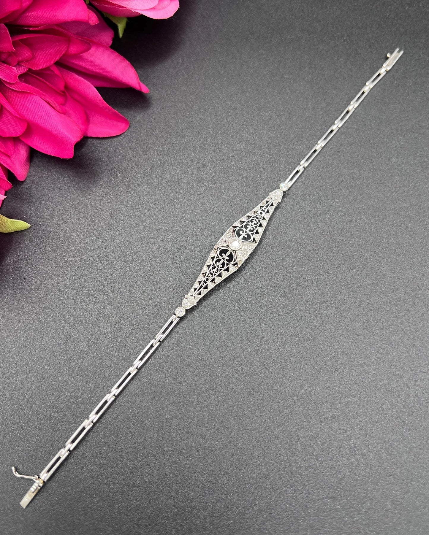 Antique Platinum, Original Art Deco Onyx & Diamond Bracelet